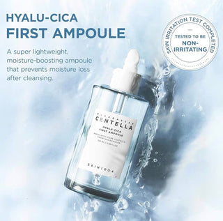Skin1004 Madagascar Hyalu-cica First Ampoule serum in a 50ml bottle, with clear packaging and product label visible.