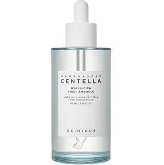 Skin1004 Madagascar Hyalu-cica First Ampoule serum in a 50ml bottle, featuring clear liquid with a pump dispenser.