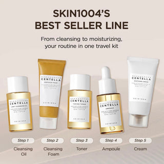 SKIN1004 Madagascar Centella Travel Kit box with 150ml skin care set featuring soothing Centella extract and travel-friendly packaging.