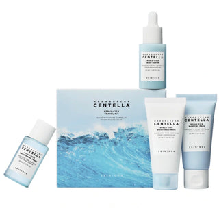 SKIN1004 Madagascar Centella Hyalu-cica travel skincare kit with 120ml bottles, featuring soothing and hydrating products for skin.