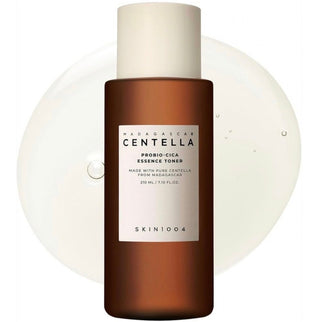 Skin1004 Madagascar Centella Probio-Cica Essence Toner and Emulsion, clear bottles with labels, skincare product for soothing skin.