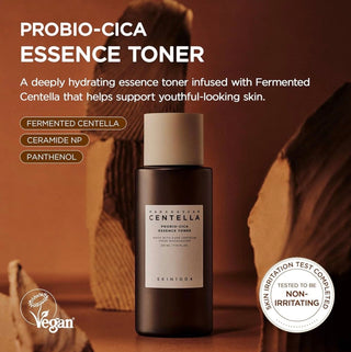 Skin1004 Madagascar Centella Probio-Cica Essence Toner and Emulsion in a bottle, suitable for soothing and hydrating skin.