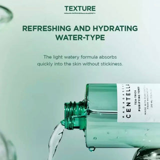 Skin1004 Madagascar Centella Tea-Trica Purifying Toner 210ml bottle with label, clear liquid visible in a skincare product image.