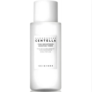 Skin1004 Madagascar Centella Brightening Toner and Emulsion duo, featuring clear bottles with labels, for refreshing skin.