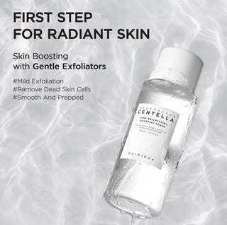 Skin1004 Madagascar Centella brightening toner and emulsion with natural ingredients, shown in a clear bottle with a minimalist label.
