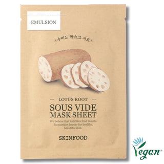 SKINFOOD Lotus Root Sous Vide Face Mask Sheet, 20g, showing the mask sheet with lotus root extract for skin hydration and nourishment.