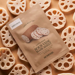 SKINFOOD lotus root sous vide face mask sheet lying flat, showing the packaging and product details for skincare.