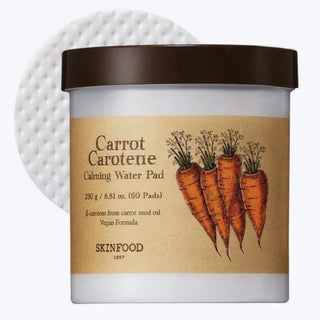 SKINFOOD Carrot Carotene Calming Water Pad with soft cotton pad soaked in soothing carrot-infused toner for gentle skin hydration