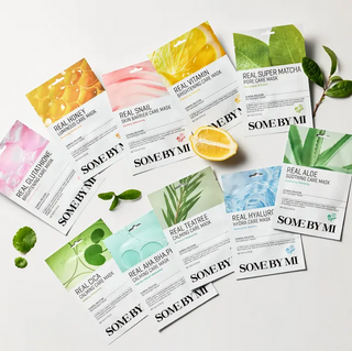 SOME BY MI Real Care Face Sheet Mask 20g, showing a white, soft sheet mask designed for skincare hydration and soothing.