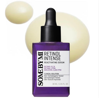 Some By Mi Retinol Intense Reactivating Serum bottle shown with sleek packaging and dropper applicator, ideal for skin renewal.