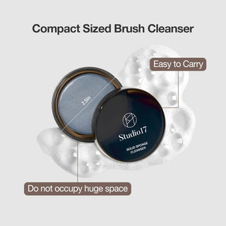 Studio 17 Brush and Puff Cleanser for makeup tools, showing the cleaning product in a sleek container with applicator brushes.