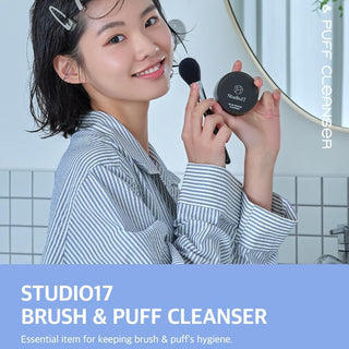 Studio 17 Brush and Puff Cleanser for makeup tools, featuring a pump bottle with clear liquid for cleaning brushes and sponges.
