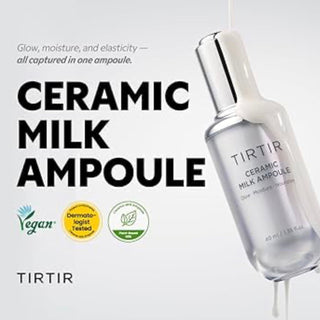 TIRTIR Ceramic Milk Ampoule 40mL in a clear glass bottle, designed for nourishing and hydrating skin care.