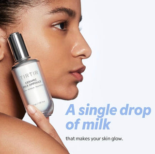 TIRTIR Ceramic Milk Ampoule 40mL in a glass bottle with a white cap, designed for skincare hydration and nourishment.