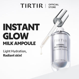 TIRTIR Ceramic Milk Ampoule 40mL, a skincare ampoule with a ceramic milk formula, displayed in a clear bottle with a white cap.
