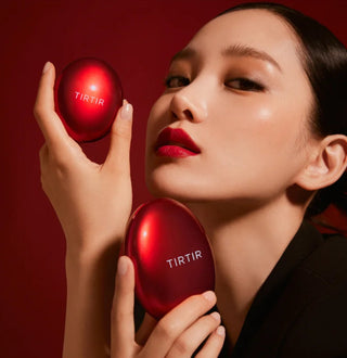 TIRTIR Mask Fit Red Cushion Foundation makeup compact with red packaging and sponge applicator, designed for flawless skin.