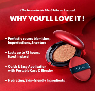 TIRTIR Mask Fit Red Cushion Foundation makeup compact with red packaging and applicator sponge on a white background.