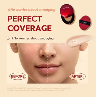 TIRTIR Mask Fit Red Cushion Foundation in a compact makeup case with a mirror and applicator, showcasing the product's packaging and shade.
