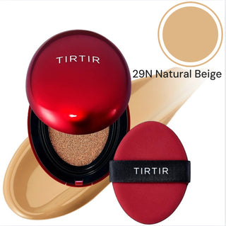 TIRTIR Mask Fit Red Cushion Foundation makeup compact with a sleek red case and a sponge applicator inside.
