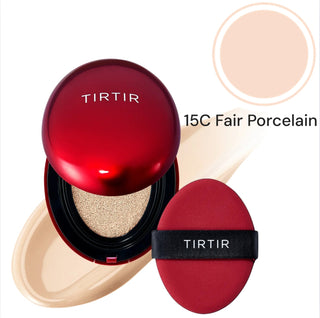 TIRTIR Mask Fit Red Cushion Foundation makeup compact with a sleek red case and sponge applicator, designed for even skin tone.