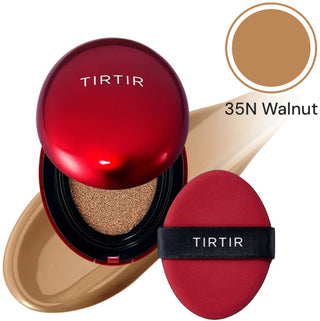 TIRTIR Mask Fit Red Cushion Foundation makeup compact with red cushion and applicator sponge, in a sleek black case.