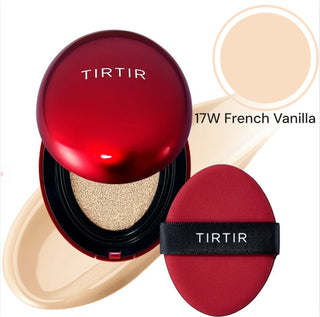 TIRTIR Mask Fit Red Cushion Foundation makeup compact with a red case and sponge applicator, designed for a smooth, flawless finish.