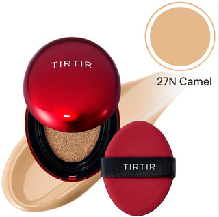 TIRTIR Mask Fit Red Cushion Foundation makeup compact with a sleek pink case and sponge applicator inside.