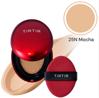 TIRTIR Mask Fit Red Cushion Foundation makeup compact with a sleek red case and open sponge applicator for flawless skin.