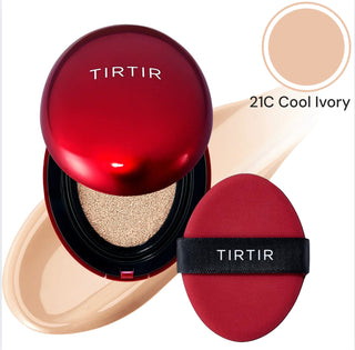 TIRTIR Mask Fit Red Cushion Foundation makeup compact with red case and sponge applicator, designed for a smooth, flawless finish.