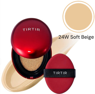TIRTIR Mask Fit Red Cushion Foundation makeup compact with red case and sponge applicator, featuring a sleek design.