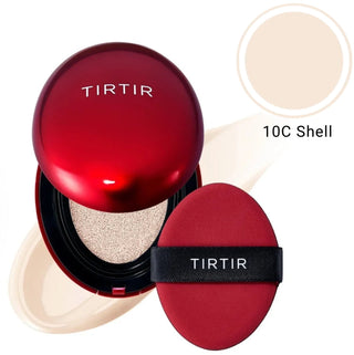 TIRTIR Mask Fit Red Cushion Foundation makeup compact with a red cover and sponge applicator, designed for a flawless finish.