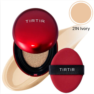 TIRTIR Mask Fit Red Cushion Foundation makeup compact with a sleek design and soft red packaging, open to reveal the sponge applicator.