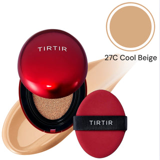 TIRTIR Mask Fit Red Cushion Foundation makeup compact with red packaging and a soft sponge applicator.