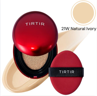 TIRTIR Mask Fit Red Cushion Foundation makeup compact with a red cover and applicator sponge, designed for a flawless finish.