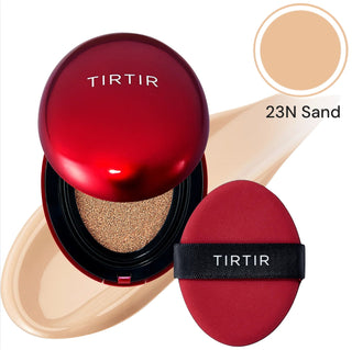 TIRTIR Mask Fit Red Cushion Foundation makeup compact with a red case and sponge applicator, designed for flawless skin.