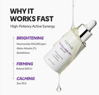 TIRTIR Niacinamide 20% Serum in 30mL bottle, clear serum with a smooth texture, designed for brightening and skin clarity.
