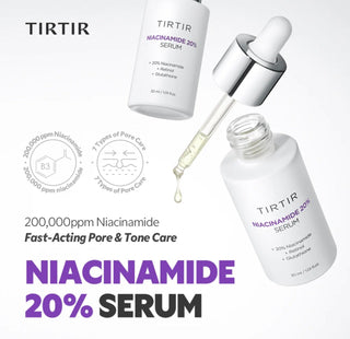 TIRTIR Niacinamide 20% Serum bottle, 30mL, with clear dropper and white label, designed for brightening and skin clarity.