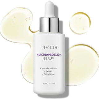 TIRTIR Niacinamide 20% Serum bottle, clear glass container with white dropper cap, showing the skincare product for brightening.