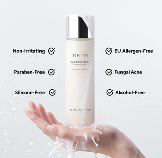 TIRTIR Milk Skin Toner 150mL bottle with white cap, showcasing the skincare product with soft packaging and clean design.