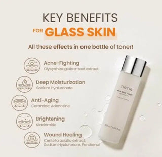 TIRTIR Milk Skin Toner 150mL bottle with white cap and label, moisturizing facial toner for smooth, refreshed skin.