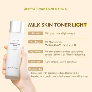 TIRTIR Milk Skin Toner Light in a 150mL bottle, designed for sensitive skin, with a soft, milky appearance and clear labeling.