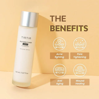 TIRTIR Milk Skin Toner Light 150mL for sensitive skin, featuring a clear bottle with white liquid and minimalist label design.