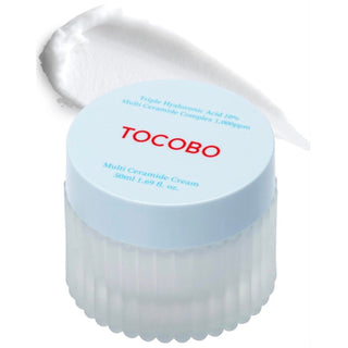Tocobo Multi Ceramide Facial Cream 50mL jar showing smooth, light-textured cream for hydrating and nourishing skin.