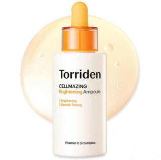 Torriden Cellmazing Vita C Brightening Ampoule 30mL in a clear glass bottle with a dropper cap and bright orange label.
