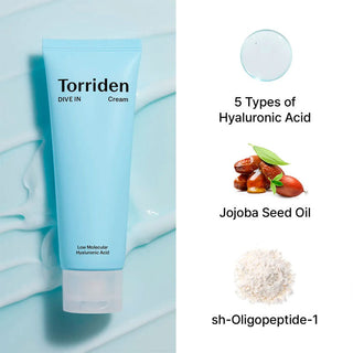 Torriden Dive-In Low Molecular Hyaluronic Acid Cream 80ml jar showing the creamy texture and product label.