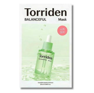 Torriden Balanceful Cica Face Sheet Mask 27mL showing a soothing sheet mask for calming and hydrating skin.