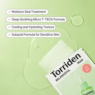 Torriden Balanceful Cica Face Sheet Mask, 27ml, soothing skincare mask with calming ingredients in a white sheet mask sheet