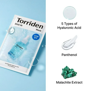 Torriden Dive-In Low Molecular Hyaluronic Acid Face Sheet Mask, hydrating skincare treatment for radiant skin, shown in the product image.