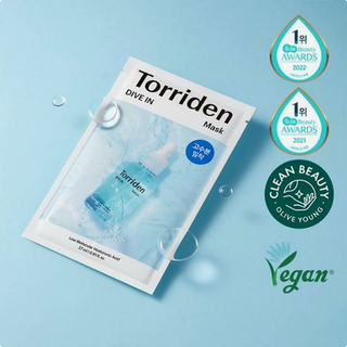 Torriden Dive-In Low Molecule Hyaluronic Acid Face Sheet Mask for deep hydration and smooth skin, shown on a white background.