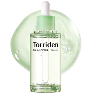 Torriden Balanceful Cica Serum 50mL bottle with dropper, featuring clear glass packaging and white label for soothing skincare.
